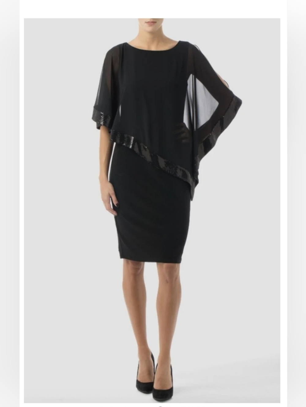 Joseph Ribkoff Black Chiffon Overlay Sheath Dress 154377 Sequin Trim Size 8